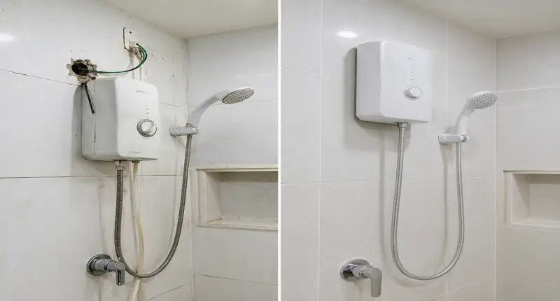 Antes e depois de chuveiro instalado ou reparado pela Reparo Expresso