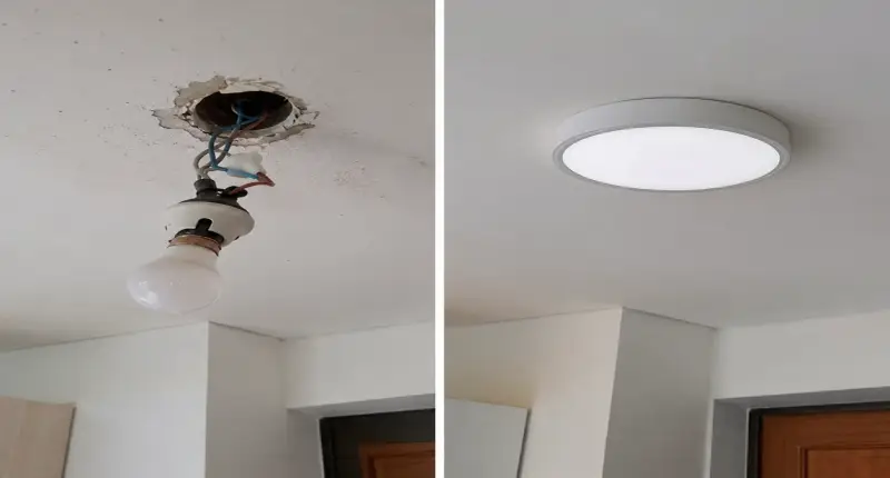 Antes e depois de luminária instalada pela Reparo Expresso