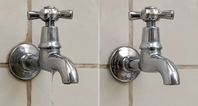 Antes e depois de torneira reparada ou trocada pela Reparo Expresso