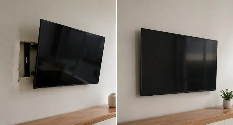 Antes e depois de TV instalada na parede pela Reparo Expresso